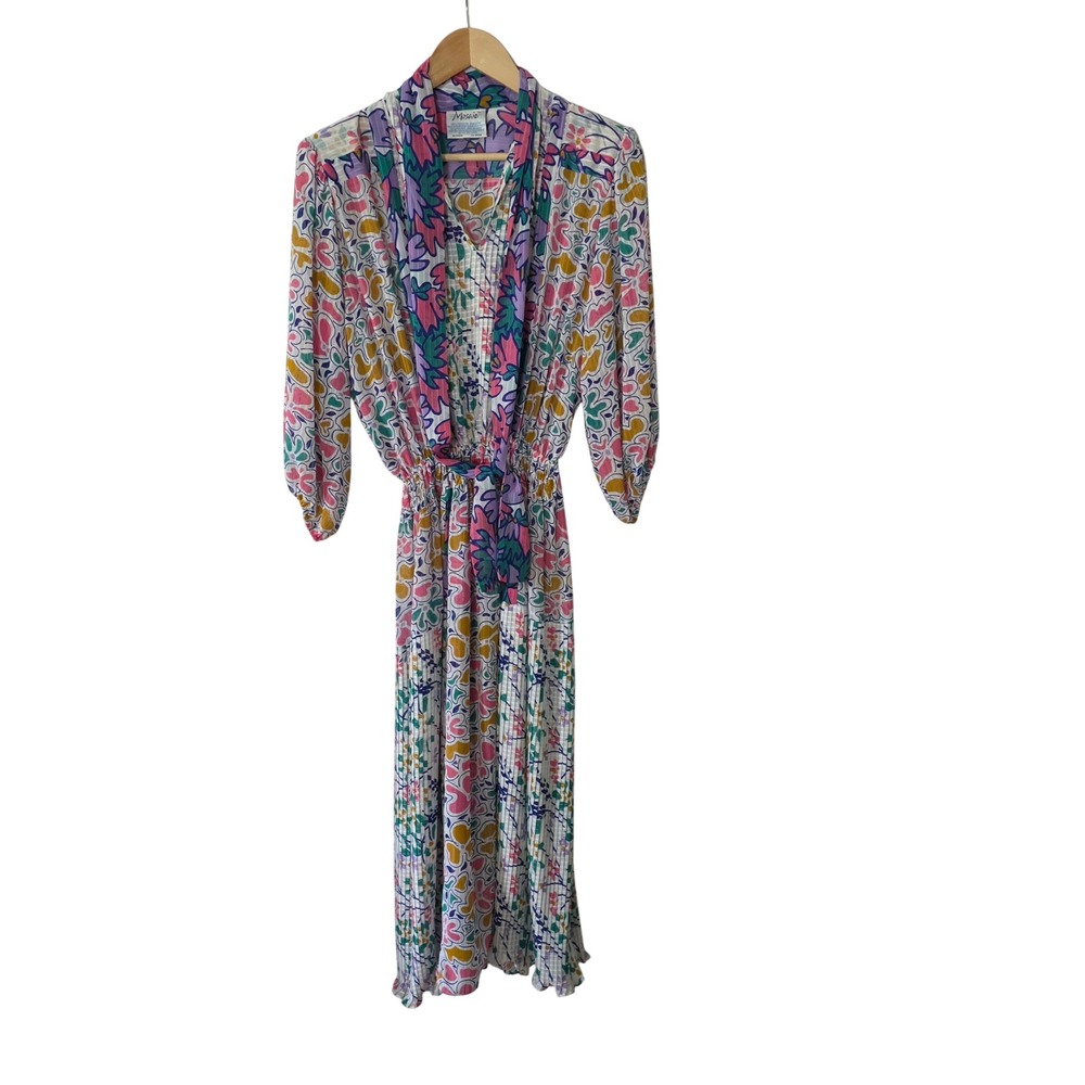 Vintage 80's Mosaic Floral Mixed Print Pleated Sheer Midi Dress Small Vivid Fun - Picture 14 of 14